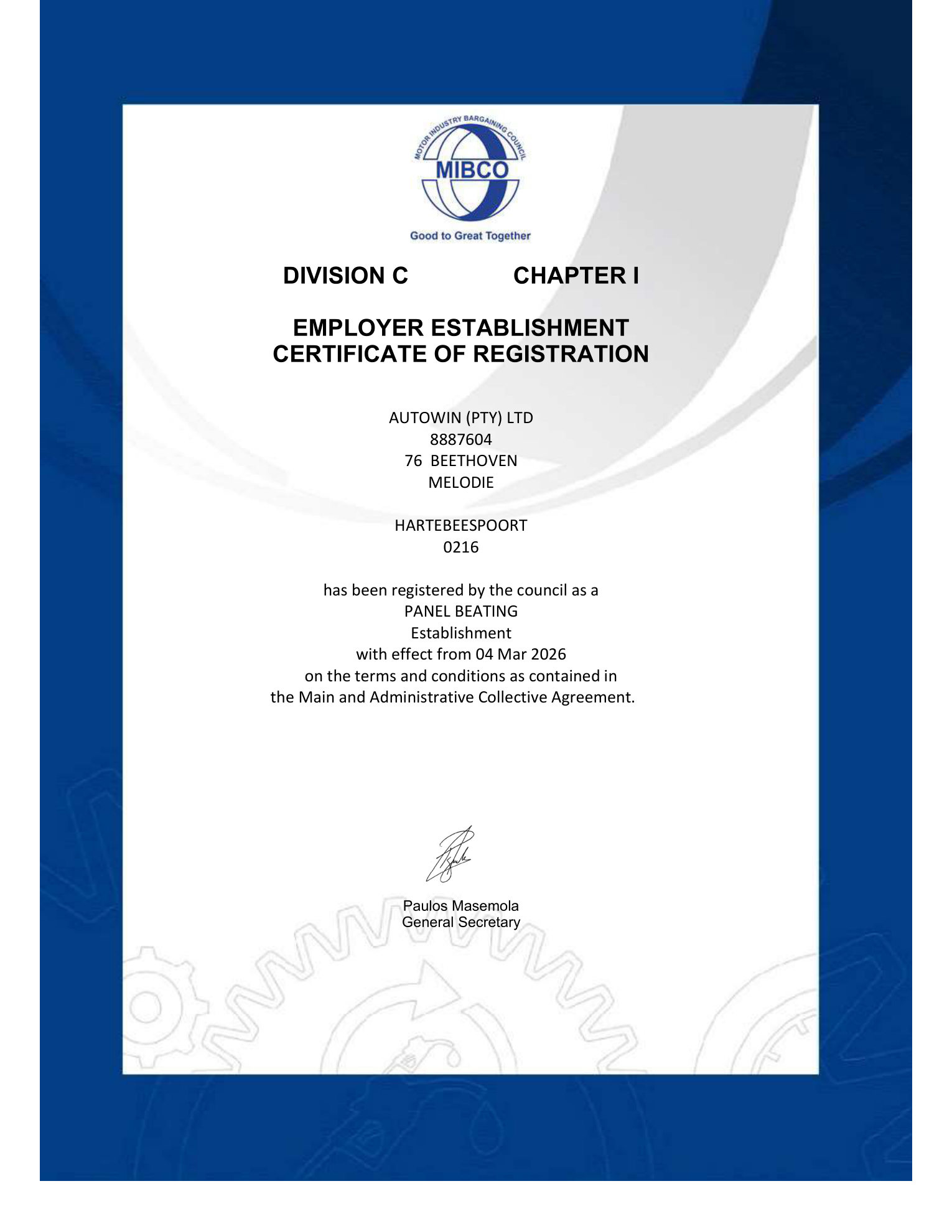 Autowin MIBCO Employer Establishment Certificate of Registration