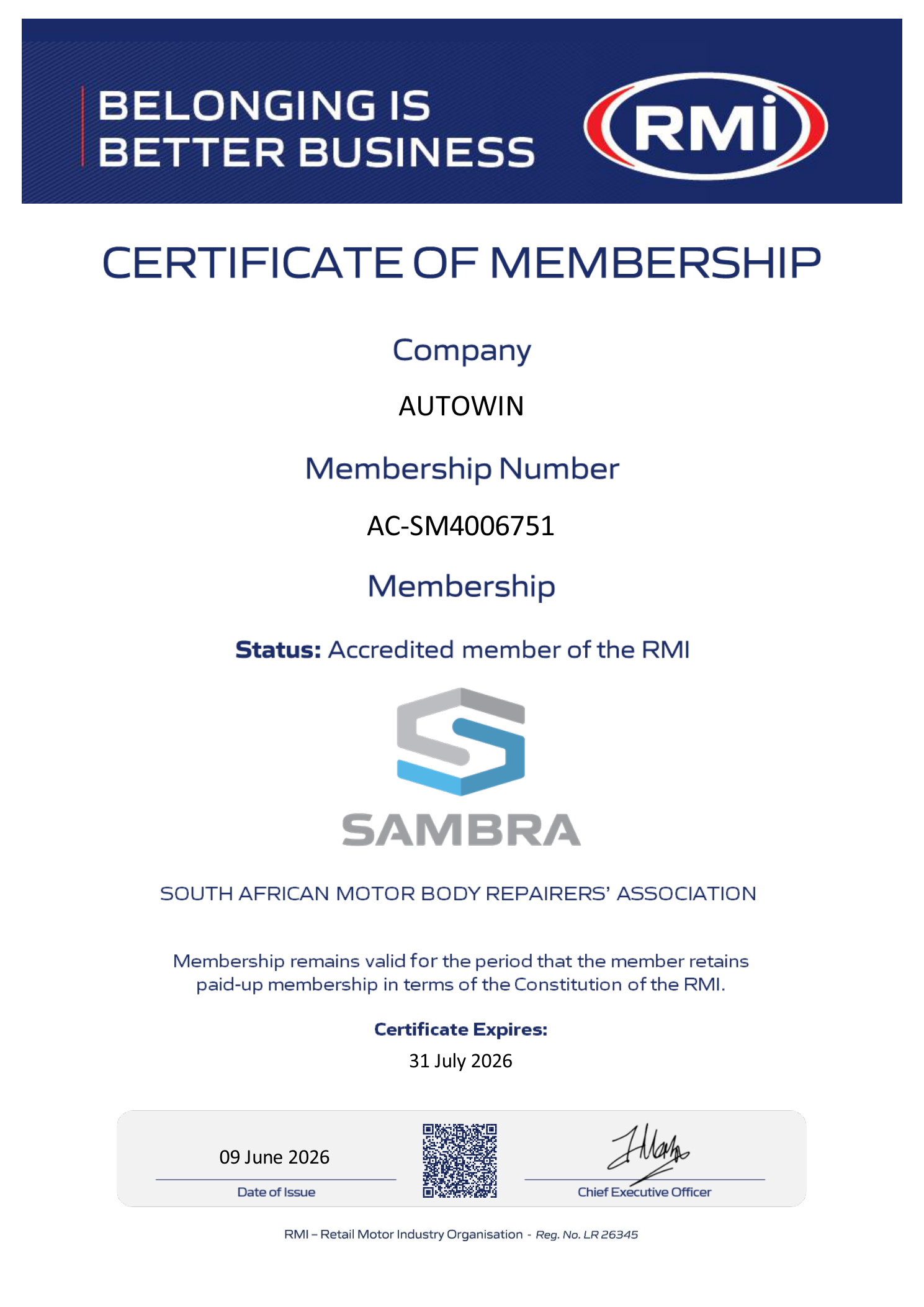 Autowin RMI Certificate of Membership